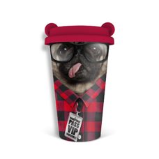 Coffee to go Keramik-Becher mit Silikon-Deckel Sujet „Mops mit Nerd-Brille“